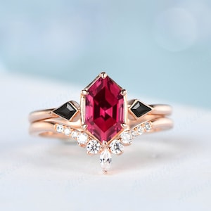 ブラックリング レディース 六角形ベゼルリングセット ルビーエンゲージリング カイトカット ブラックオニキス 結婚指輪セット ロング六角形エンゲージリングセット 14Kゴールド