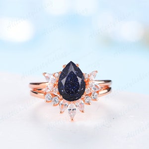 Blue Sandstone Bridal Set, Vintage Pear Shape Galaxy Engagement Ring, Rose Gold Moissanite Curve Wedding Band, Stacking Wedding Ring Set
