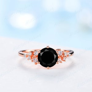 Black onyx engagement ring for woman, black onyx rose gold engagement ring, cluster moissanite ring, unique wedding ring