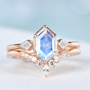 Vintage Moonstone Engagement Ring Set Art Deco Curved Wedding Band Moissanite Ring Gemstone Promise Ring Anniversary Gift for Her