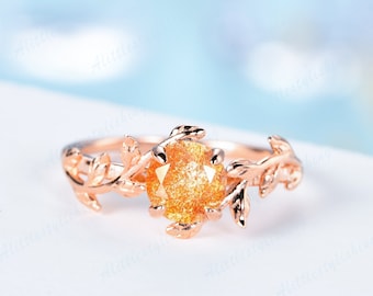 African Sunstone Engagement ring, Vintage Rose Gold Sunstone ring, Unique Branch Leaf wedding ring, Antique Promise Anniversary ring jewelry