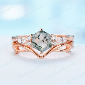 Hexagon cut Moss Agate promise ring set 10K rose gold moss agate engagement rings for woman dainty wedding ring set curve V wedding band