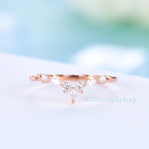 Curved wedding band Vintage Twisted ring Marquise cut cz diamond ring Stacking matching band unique anniversary gifts for her 14k rose gold
