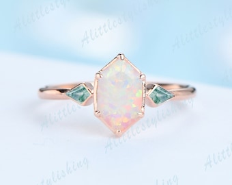 Hexagon Opal Engagement Ring Rose Gold Kite Cut Moss Agate Opal Engagement Ring Minimalist Opal Wedding Ring Art Deco Promise Ring Jewelry