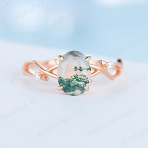 Oval Moss Agate Promise Ring 14K Rose Gold Moss Agate Engagement Ring Vintage Vine Branch Ring Unique Wedding Band Solitaire Infinity Ring