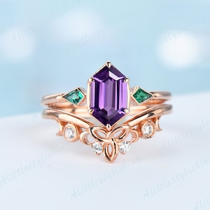 Amethyst Engagement Ring for Woman Kite Shape Emerald Band Vintage Celtic Moissanite Wedding Ring Set Hexagon Anniversary Rings