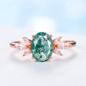 Oval Moss Agate Ring Dainty Vintage Green Moss Agate Engagement Ring Art Deco 7 stone Moissanite Ring Rose Gold for Women Promise Ring