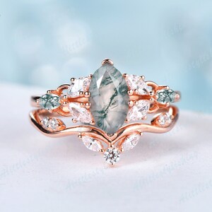 Green moss agate engagement ring set rose gold marquise cut moissanite ring set aquatic agate promise ring elegant moss agate ring for women