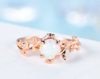 Opal Engagement Ring Rose Gold Vintage Vine Leaf Opal Ring for Woman Opal Wedding Ring Twig Opal Promise Ring Unique White Opal Bridal Ring