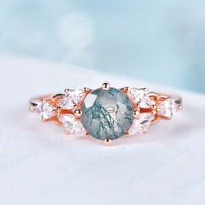 Vintage Green Moss Agate Engagement Ring Rose Gold, Unique Leaf Bridal Wedding Band, Marquise Cut Moissanite Ring, Flower Promise Ring Gift