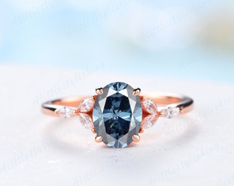 Art Deco Oval Moissanite Ring, Blue Moissanite Engagement Ring, Marquise Design Leaf Ring, Grey Color Gemstone Promise Ring