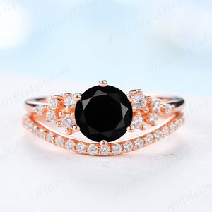 Vintage black onyx engagement ring sterling silver ring art deco curved stacking band round shaped bridal set unique moissanite wedding set