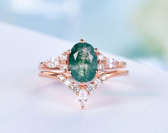 Moss Agate Engagement Ring Set Oval Moss Agate Ring Vintage Wedding Ring 14K Rose Gold Moissanite Curve Wedding Band Woman Stack Bridal Set