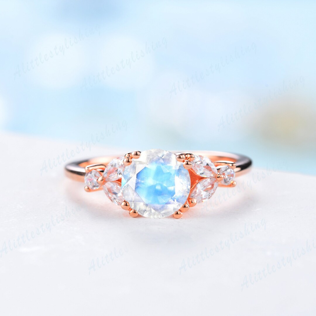 Vintage Round Moonstone Engagement Ring Rose Gold Dainty Moonstone Ring ...