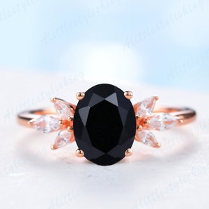 Oval Black onyx engagement ring rose gold, black onyx solitaire ring, sterling silver art deco ring,vintage marquise moissanite promise ring