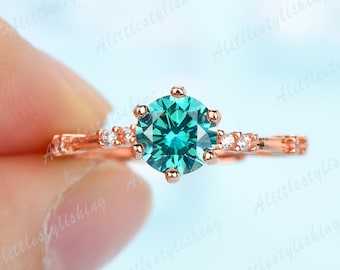 0.5ct/1ct/2ct Green Moissanite Engagement Ring, Vintage Moissanite Ring, Unique Promise Ring, Women Dainty Bridal Ring,14K Rose Gold