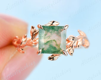 Anillo de compromiso de ágata musgosa de corte princesa de 7 mm, anillo de bodas solitario, anillo de vid, anillo de ramita, anillo de hoja único, anillo nupcial delicado, anillo de promesa de oro