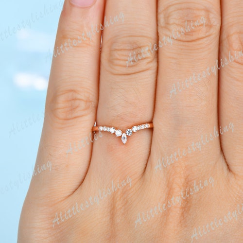 Marquise Moissanite wedding band dainty curve wedding band nesting band rose shops gold V ring woman chevron ring matching band anniversary ring