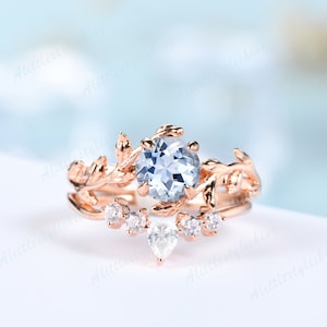 Vintage Aquamarine Engagement Rings for Woman Aquamarine Ring Set Twig Wedding Ring Set Rose Gold Blue Gems Promise Ring March Birthstone