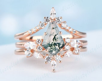 Unique Kite Cut Moss Agate Wedding Ring Set Moss Agate Engagement Rings for Women Moissanite Ring Gold Curve Wedding Band Antique Bridal Set
