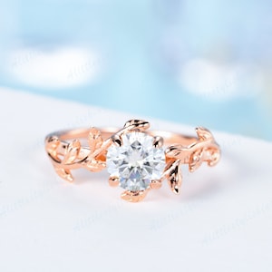 Moissanite Engagement Ring Unique Leaf Twig Branch Engagement Ring Rose Gold Vine Wedding Bridal Ring Solitaire Promise Anniversary Jewelry