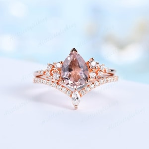 Morganite engagement ring set rose gold pear cut morganite wedding ring set marquise curve wedding band moissanite cluster bridal set