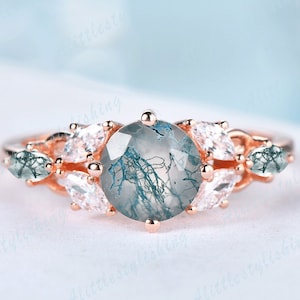 Vintage Green Moss Agate Engagement Ring 14k Rose Gold Marquise Cut Moss Agate Ring For Woman Natural Inspired Promise Ring Anniversary Gift