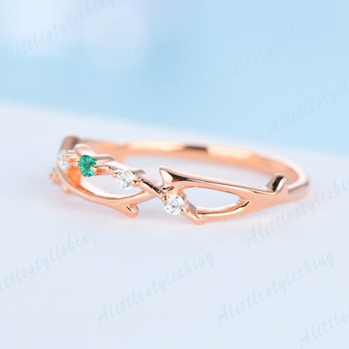 Unique Emerald Wedding Band 14K Rose Gold Infinity Ring shops Vintage Twig Wedding Band Vine Wedding Ring Moissanite Band Anniversary Ring Gift