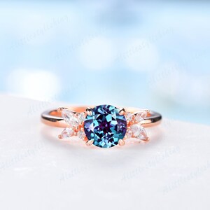 Alexandrite engagement ring silver, flower engagement ring rose gold, promise ring unique wedding band, woman moissanite ring cluster ring