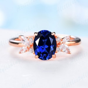 Blue Sapphire Ring Sterling Silver, Sapphire Engagement Ring, Oval Sapphire Promise Ring, September Birthstone, Art Deco Diamond Floral Ring