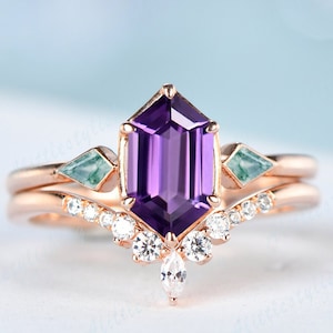 Hexagon Natural Purple Amethyst Engagement Ring Set February Birthstone Amethyst Moss Agate Ring Kite Nature Inspired 2pcs Bridal Ring Set