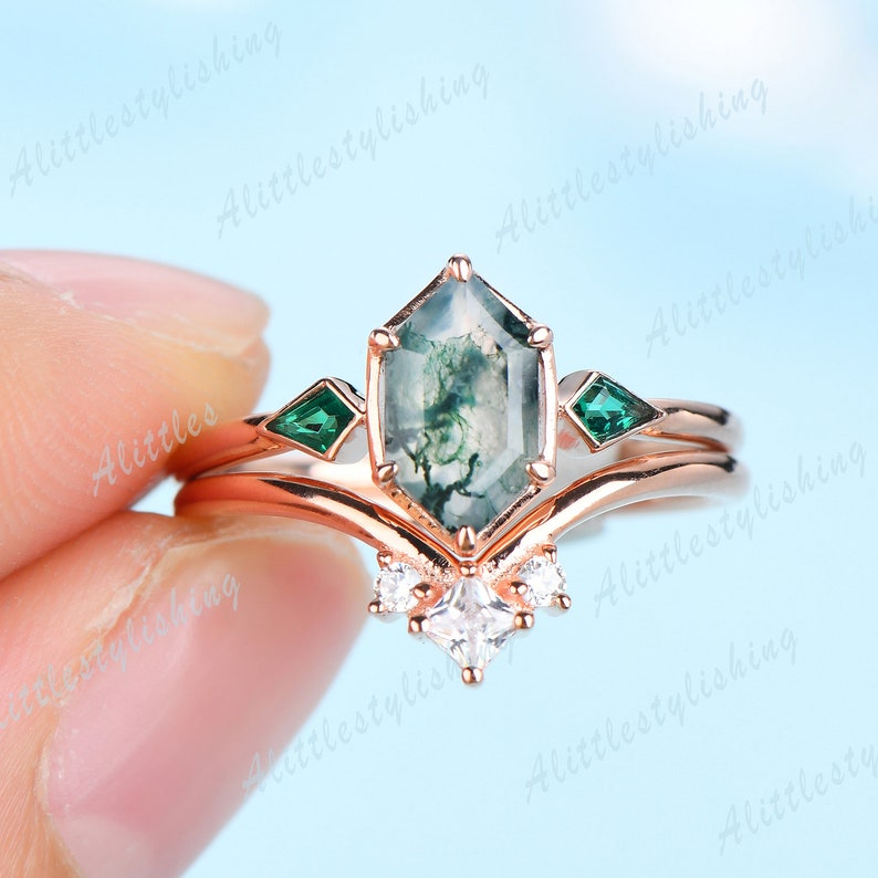 Hexagon Cut Moss Agate Bridal Set Kite Cut Emerald Ring | Etsy