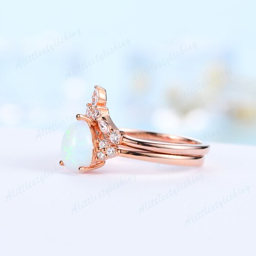 Opal Promise Rings for Woman Opal Engagement Rings Rose Gold White Fire Opal Wedding Ring shops Set Pear Cut Opal Ring Vintage Opal Bridal Set