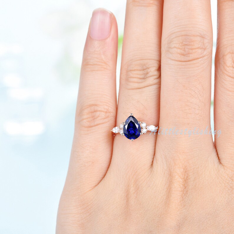 Pear Cut Blue Sapphire Engagement Ring Art Deco Moissanite Wedding Ring Three Stone Bridal Promise Anniversary Ring 10K Rose Gold Jewelry image 2