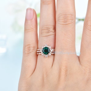 Emerald engagement ring set rose gold 10K/14K emerald ring vintage may birthstone ring moissanite wedding ring 3pcs bridal ring set image 9