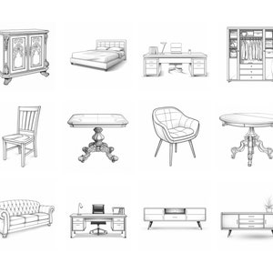 Peut inclure: Une collection d'illustrations de meubles, comprenant un lit, une chaise, un canap&eacute;, une table, un bureau, une commode et un placard. Les illustrations sont en noir et blanc et sont dessin&eacute;es dans un style r&eacute;aliste.