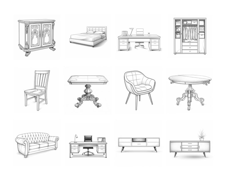 Peut inclure: Une collection d'illustrations de meubles, comprenant un lit, une chaise, un canap&eacute;, une table, un bureau, une commode et un placard. Les illustrations sont en noir et blanc et sont dessin&eacute;es dans un style r&eacute;aliste.