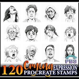 120 Procreate Crying Expression Stamps, Crying Expression Stamps for procreate, Human Face Procreate Stamps