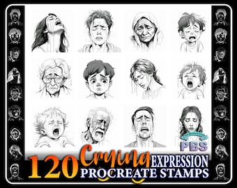 120 sellos de expresión de llanto para Procreate: Arte de rostro humano (descarga digital)