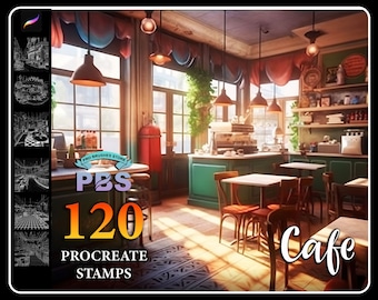 120 Procreate Cafe Stamps, Cafe stamps for procreate, Cafe procreate brush, instant digital download.
