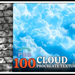 May include: 100 cloud textures for Procreate. The image shows a blue sky with white fluffy clouds. The text "100 CLOUD PROCREATE TEXTURES" is in the lower right corner of the image.