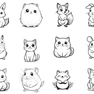 Puede incluir: Una ilustraci&oacute;n en blanco y negro de diez animales lindos diferentes. Los animales incluyen un conejo, un gato, un zorro, un h&aacute;mster, un rat&oacute;n y algunos otros.