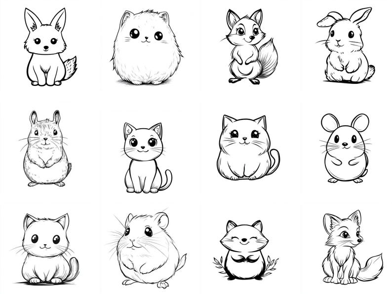 Puede incluir: Una ilustraci&oacute;n en blanco y negro de diez animales lindos diferentes. Los animales incluyen un conejo, un gato, un zorro, un h&aacute;mster, un rat&oacute;n y algunos otros.