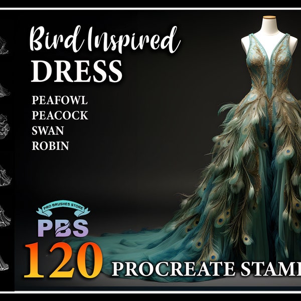 120 Procreate Bird Inspired Dress Stamps, Long Dress brush for procreate, Fashion procreate stamp