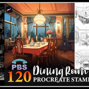 120 Procreate Dining Room Stamps, Dining Room stamps for procreate, interior procreate brush, instant digital download.