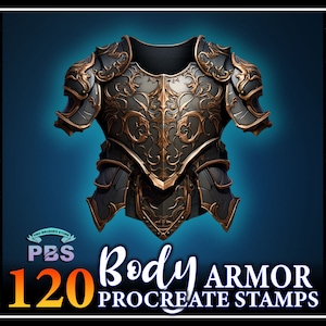 May include: 120 Procreate stamps featuring detailed illustrations of ornate body armour in gold and silver. The armour is decorated with intricate floral patterns.