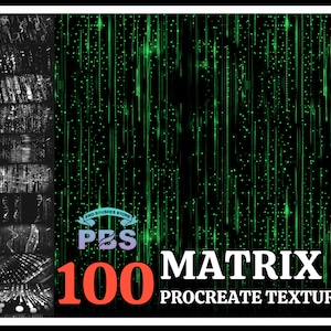 Op de afbeelding: 100 Procreate-texturen als digitale download. De texturen hebben een zwarte achtergrond met groene lichtlijnen. De tekst "100 MATRIX PROCREATE TEXTURES" is in wit en rood.