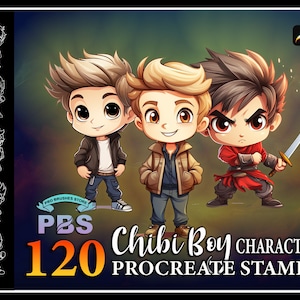 May include: A set of 120 Procreate stamps featuring cute chibi boy characters in various poses. The stamps are designed for use in the Procreate app and are perfect for creating illustrations, comics, and other digital art.