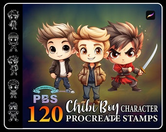 120 Procreate Chibi Boy Character Stamps, Chibi Boy Character stamps for procreate, Chibi Character Stamp for procreate