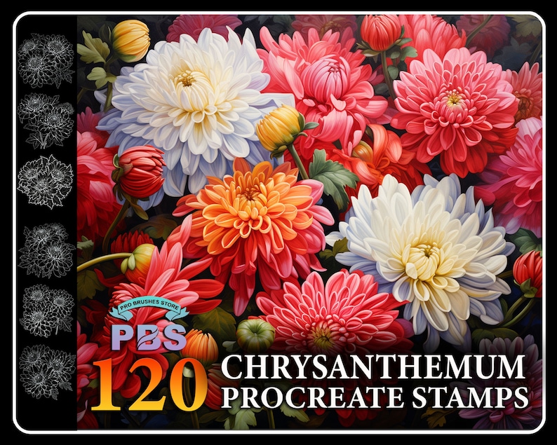 May include: 120 Procreate stamps featuring a variety of chrysanthemum flowers in shades of red, white, and orange. The flowers are arranged in a bouquet and have a realistic, detailed appearance.